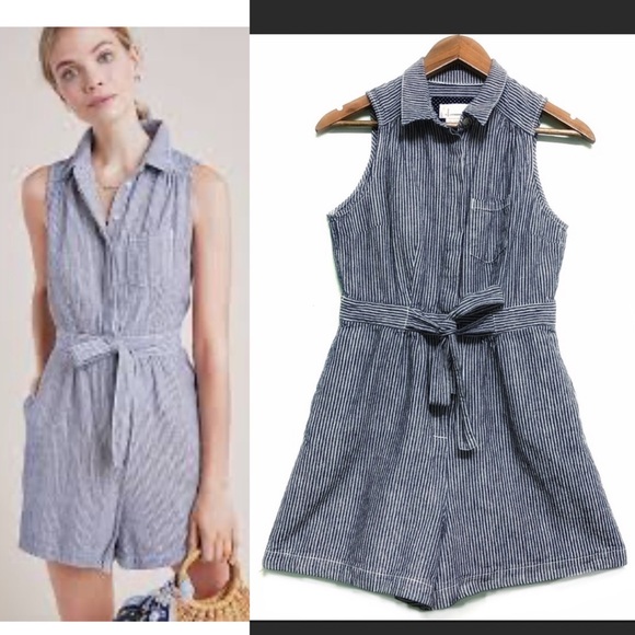 Anthropologie Pants - Anthropologie Linen Blend Stripe Down Romper